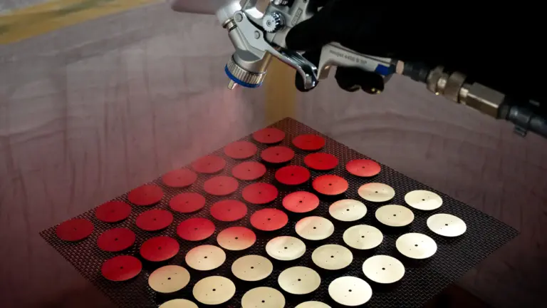 Pulvérisation de vernis coloré sur une grille de cadrans de montre Montremo, préparant la teinte avant le lavage purifiant